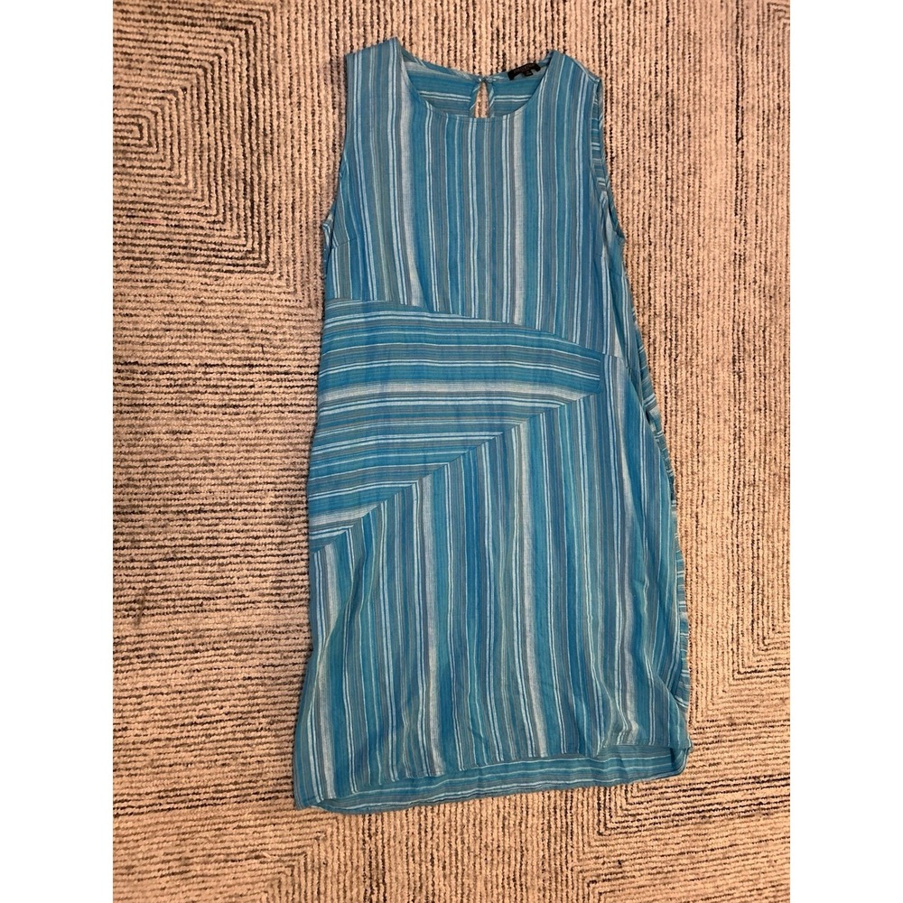 For Cynthia Dress Blue Multi Striped Linen Coastal Lagenlook Pockets Women's 1X